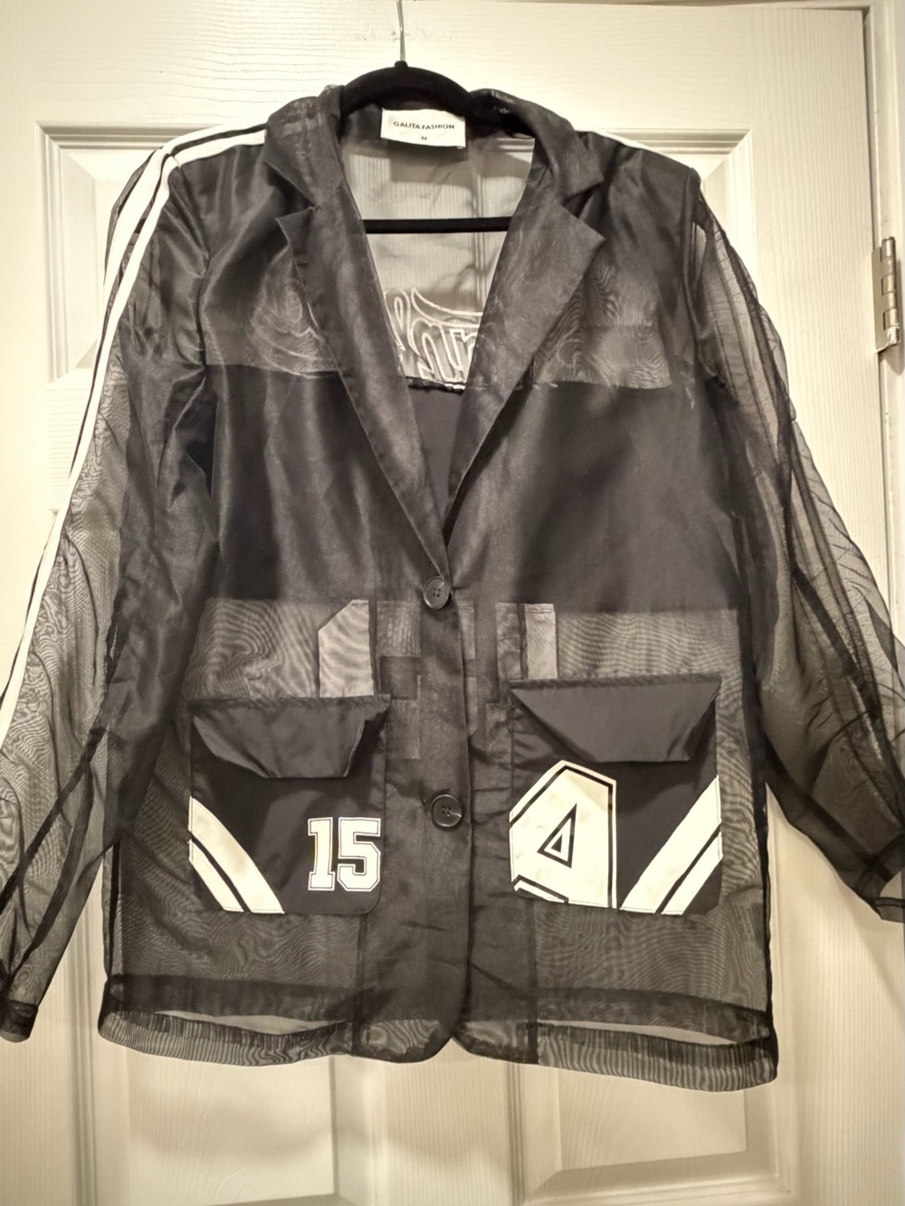 Sheer Black Mesh Blazer with Athletic Patch Details